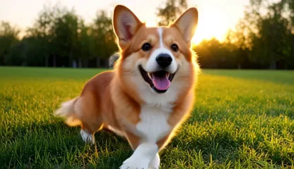 A corgi playing in a sunlit park.