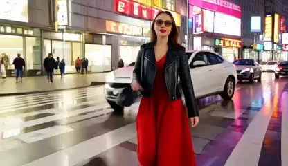 A woman in a red dress walks through a brightly lit Tokyo street.