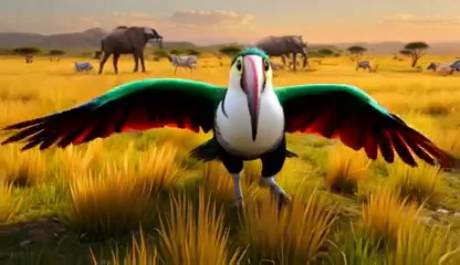 A green dragon-toucan spreads its wings in a golden savanna.
